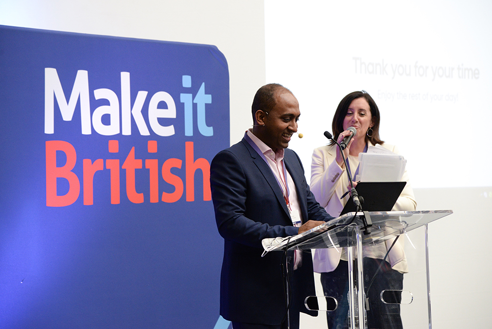 Hareesh Kallambella, senior production manager at Burberry discusses future factories with the crowd and Lucy Siegle