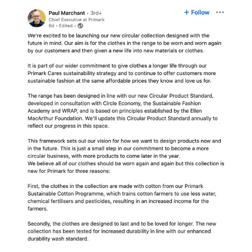 Paul Marchant Primark CEO - LinkedIn Post